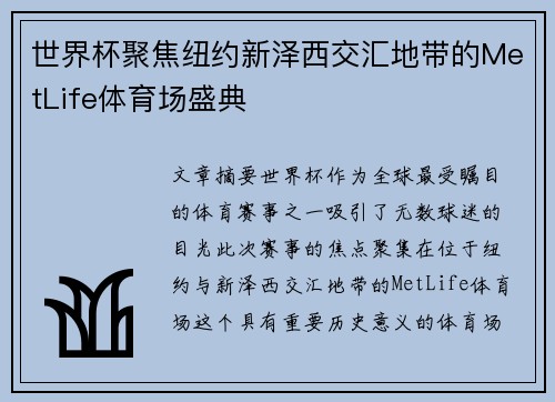 世界杯聚焦纽约新泽西交汇地带的MetLife体育场盛典 世界杯聚焦纽约新泽西交汇地带的MetLife体育场盛典