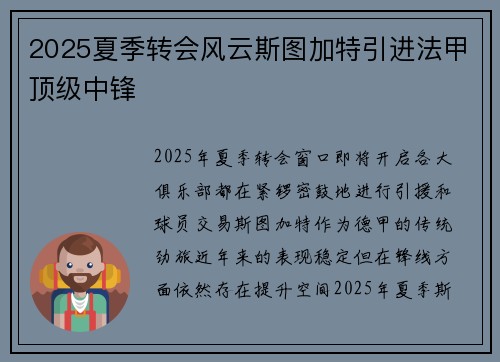 2025夏季转会风云斯图加特引进法甲顶级中锋
