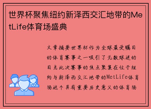 世界杯聚焦纽约新泽西交汇地带的MetLife体育场盛典